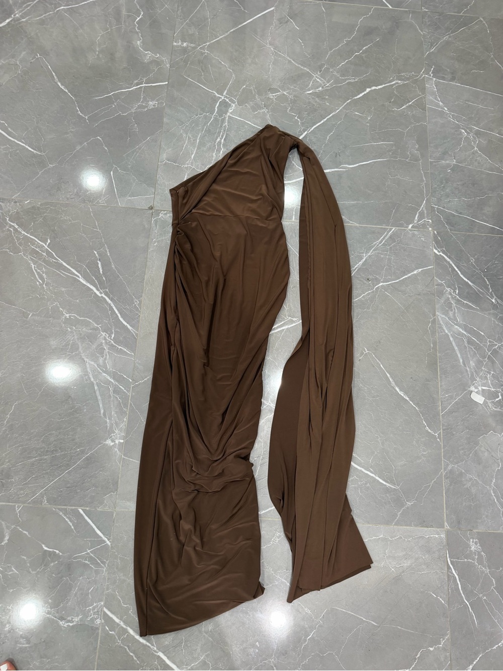 One-Shoulder Draped Midi Dress in Brown